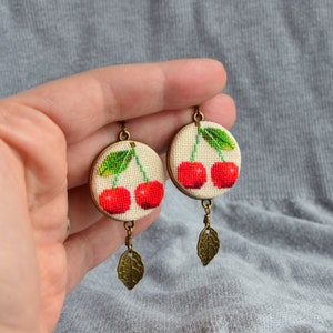 Red cherry embroidered earrings Gift for garden lover Modern jewelry with leaf charm Birthday gift for woman image 7