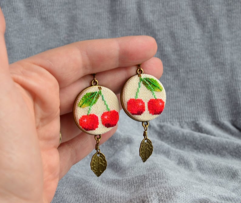 Red cherry embroidered earrings Gift for garden lover Modern jewelry with leaf charm Birthday gift for woman image 7