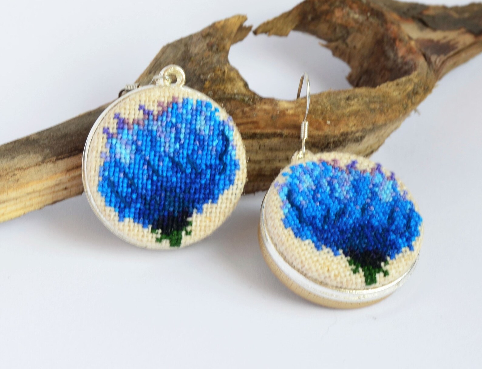 Blue Flower Embroidered Earrings Nature Flower Cross Stitch Etsy