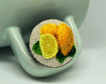 Embroidered ring with lemon, best gift for garden lover, round yellow ring with cross stitch