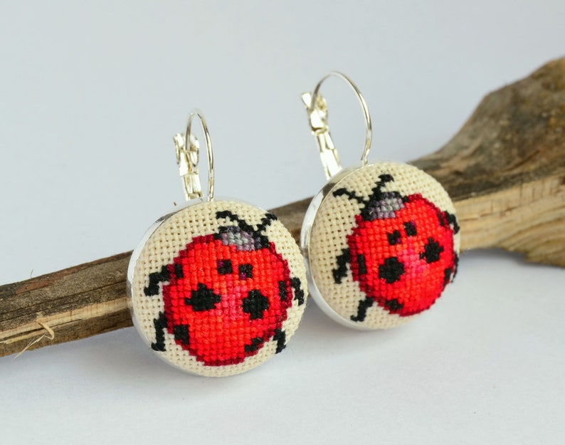 Cross stitch jewelry Red fabric jewelry Red ladybug earrings Women gift Handcrafted round earrings Embroidered jewelry