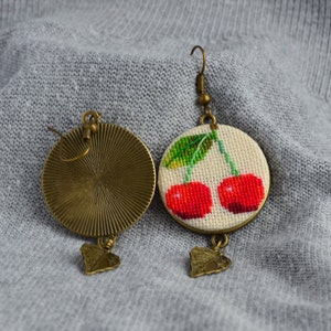 Red cherry embroidered earrings Gift for garden lover Modern jewelry with leaf charm Birthday gift for woman image 5