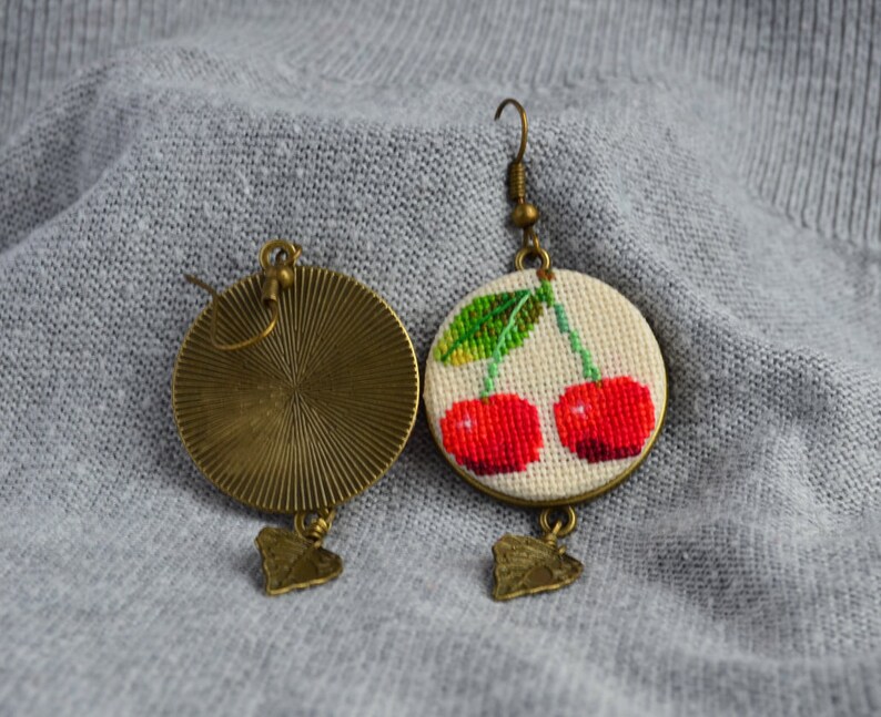 Red cherry embroidered earrings Gift for garden lover Modern jewelry with leaf charm Birthday gift for woman image 5