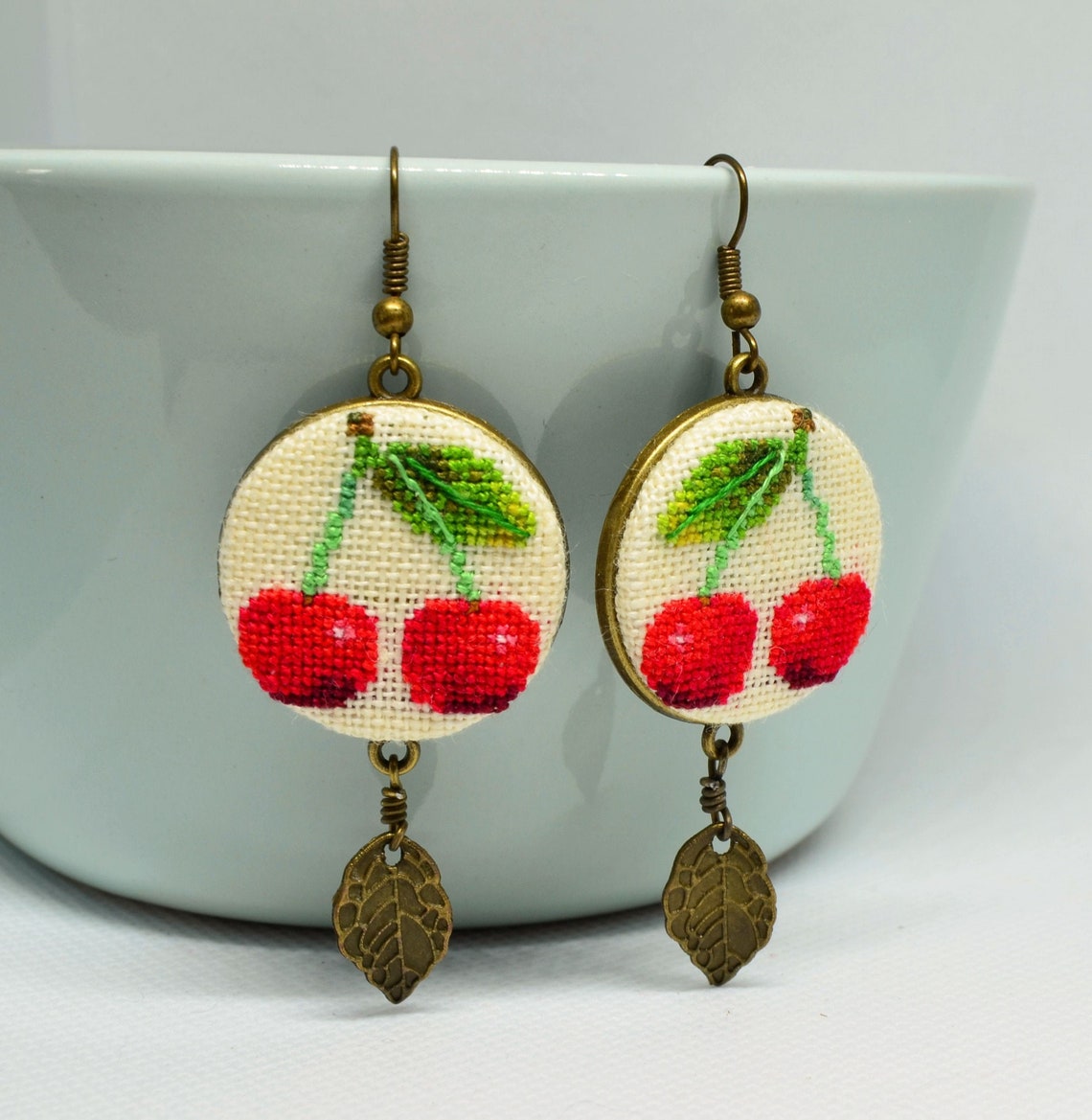 Red Cherry Embroidered Earrings Gift for Garden Lover Modern Etsy