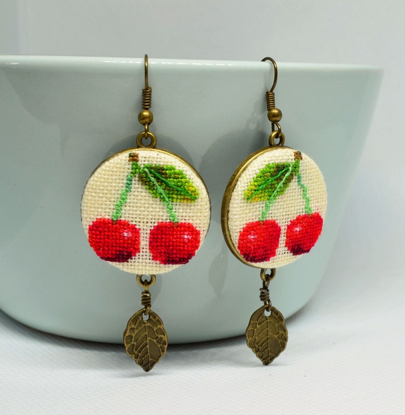 Red cherry embroidered earrings Gift for garden lover Modern jewelry with leaf charm Birthday gift for woman image 1