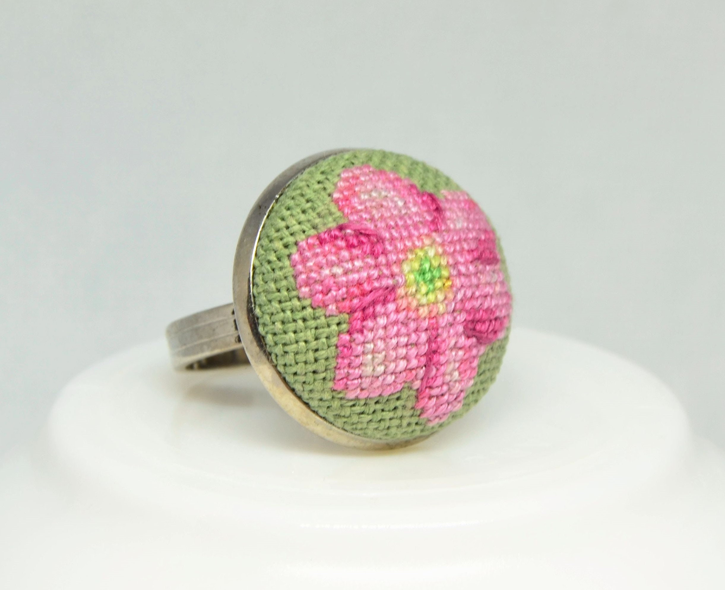 Embroidered Ring With Pink Flower, Best Gift for Women, Round Floral