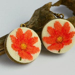 Tangerine flower embroidered earrings, Holiday gift for woman, Orange floral jewelry