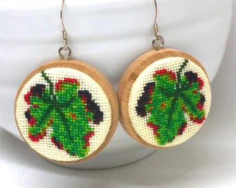 Green leaf earrings, Wooden nature jewelry, Round big earrings for women