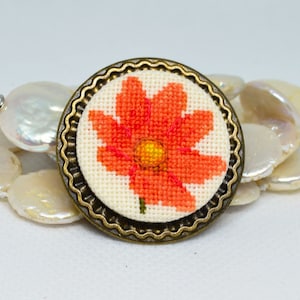 Handmade Cross Stitch Orange Flower Brooch: Linen Floral Jewelry