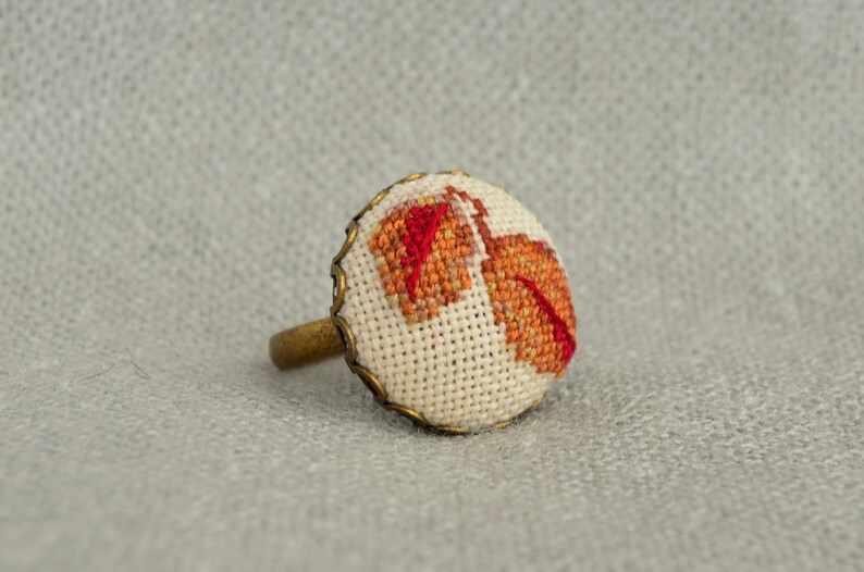Brown Leaf Embroidered Ring Cross Stitch Autumn Jewelry - Etsy