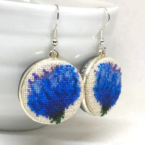 Blue flower embroidered earrings, Nature flower cross stitch jewelry, Handcrafted dainty gift for women