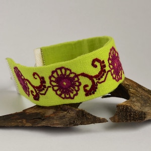 Burgundy flower linen bracelet, Cross stitch fabric floral jewelry, Light green nature gift for woman