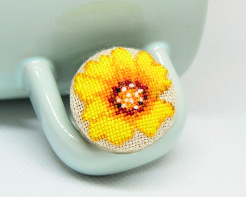 Yellow flower embroidered ring Cross stitch dainty jewelry Handcrafted nature floral birthday gift for her