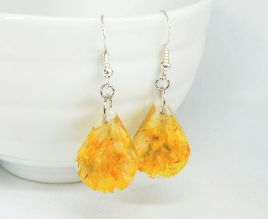 Unique Resin Ear Rings Handmade Resin Earrings: Real Dried Yellow Flowers, Botanical Jewelry ...