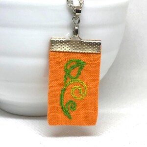 Embroidered Green Leaf Linen Pendant: Cross Stitch Orange Necklace