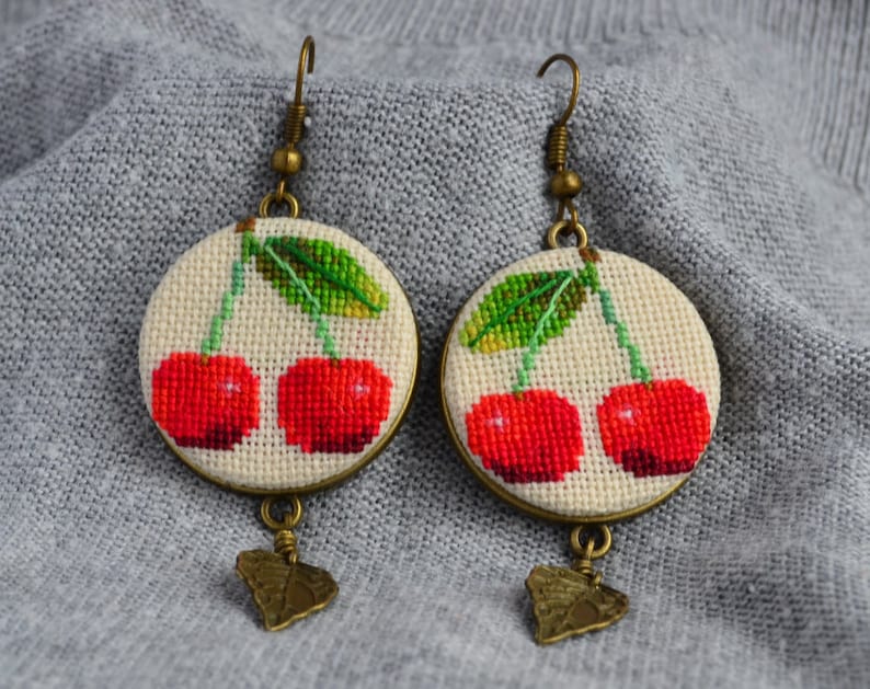 Red cherry embroidered earrings Gift for garden lover Modern jewelry with leaf charm Birthday gift for woman image 4