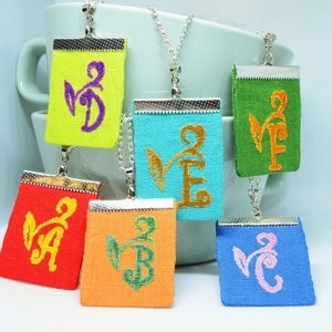 Embroidered initial pendant, Monogram cross stitch necklace, Personalized letter for her