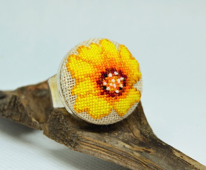 Yellow flower embroidered ring Cross stitch dainty jewelry Handcrafted nature floral birthday gift for her
