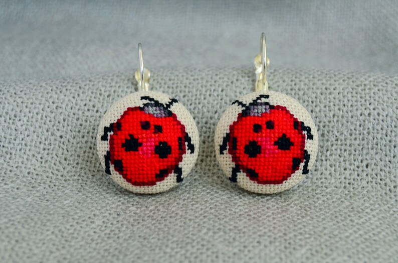 Cross stitch jewelry Red fabric jewelry Red ladybug earrings Women gift Handcrafted round earrings Embroidered jewelry