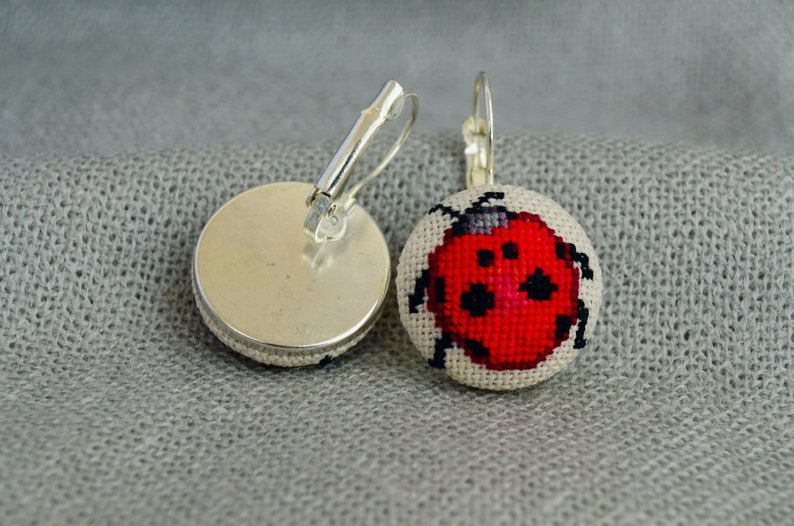 Cross stitch jewelry Red fabric jewelry Red ladybug earrings Women gift Handcrafted round earrings Embroidered jewelry