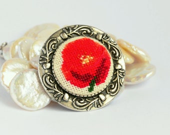 Red poppy embroidered brooch Floral cross stitch jewelry for her Handcrafted nature gift for women