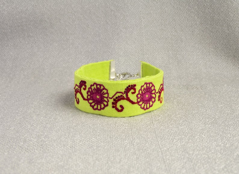 Burgundy flower linen bracelet Light green nature gift for woman Cross stitch fabric floral jewelry