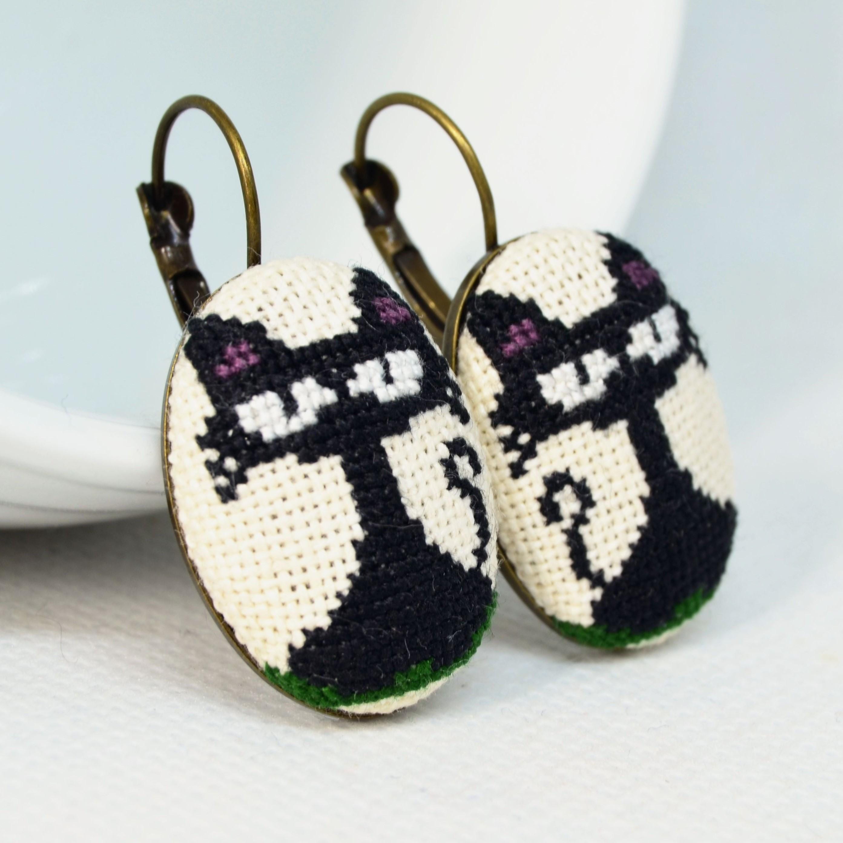 Black Cat Embroidery Earrings, Handmade Cross Stitch Jewelry, Cute Cat Lover Gift for Her, Unique Animal Earrings