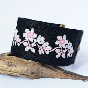 Embroidered Flower Bracelet: Cross Stitch Linen Boho Jewelry
