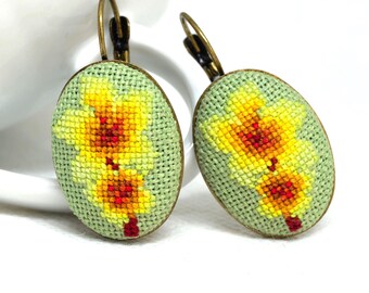 Woodland Fairy Gift, Floral Fantasy Earrings: Yellow Flower Embroidered Jewelry