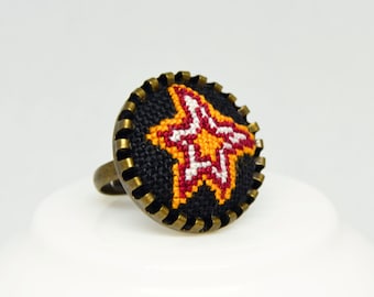 Embroidered Star Ring: Cross Stitch Linen Jewelry, Adjustable Brass Base