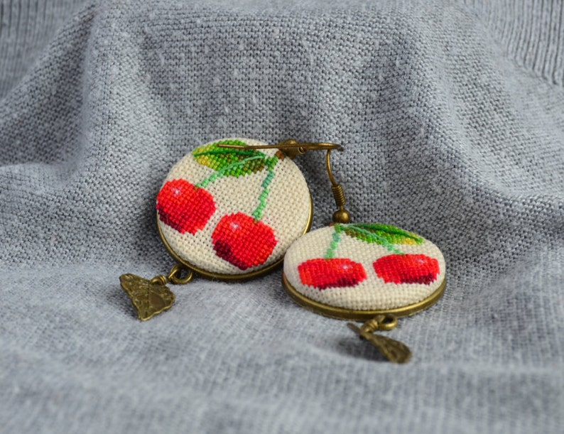 Red cherry embroidered earrings Gift for garden lover Modern jewelry with leaf charm Birthday gift for woman image 8