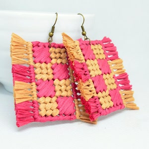 Raffia coral earrings, Straw big embroidered earrings, Boho jewelry, Handcrafted birthday gift for women