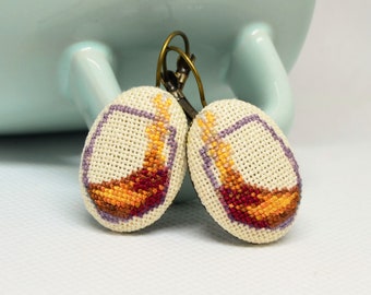 Embroidered earrings with wine glass, best gift wine lover, oval beige earrings with cross stitch