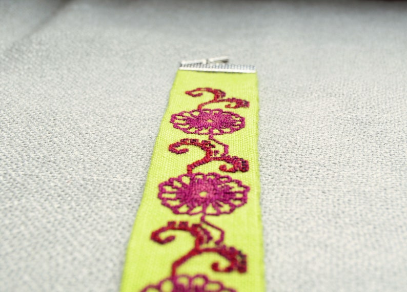 Burgundy flower linen bracelet Light green nature gift for woman Cross stitch fabric floral jewelry