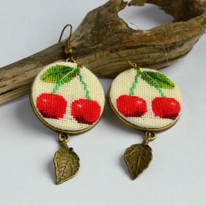 Red cherry embroidered earrings Gift for garden lover Modern jewelry with leaf charm Birthday gift for woman image 2