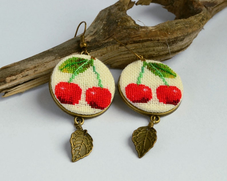 Red cherry embroidered earrings Gift for garden lover Modern jewelry with leaf charm Birthday gift for woman image 2