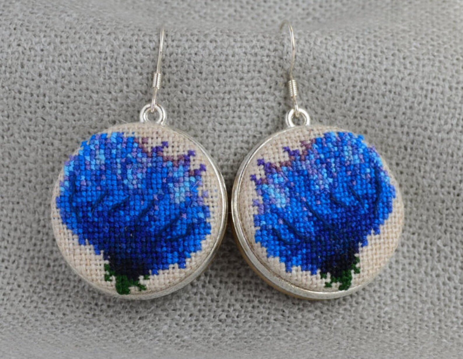 Blue Flower Embroidered Earrings Nature Flower Cross Stitch Etsy