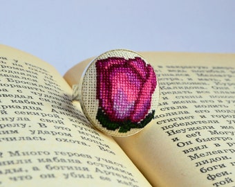 Handmade Rose Cross Stitch Ring: Floral Embroidered Jewelry