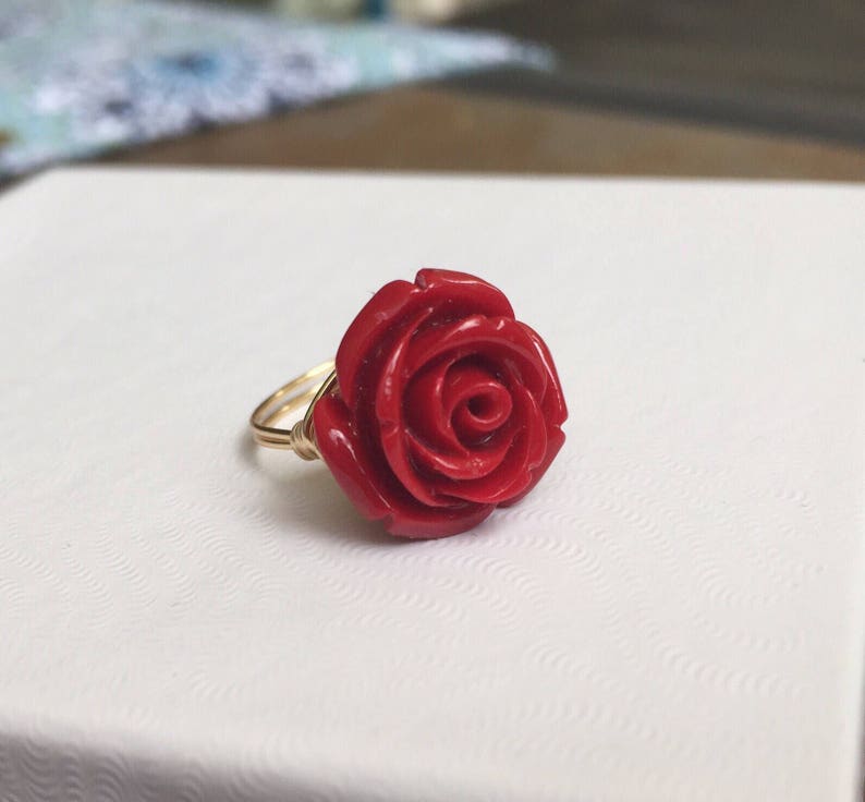 NEW STYLE Red Rose Ring Red Flower Ring Red Rose Flower Ring Red Flower Jewelry Beauty and the Beast Ring Belle Ring Gift image 5