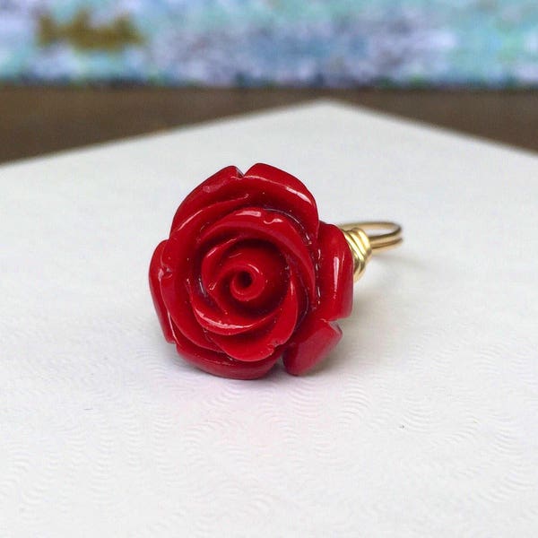 NEW STYLE Red Rose Ring | Red Flower Ring | Red Rose Flower Ring | Red Flower Jewelry | Beauty and the Beast Ring | Belle Ring Gift