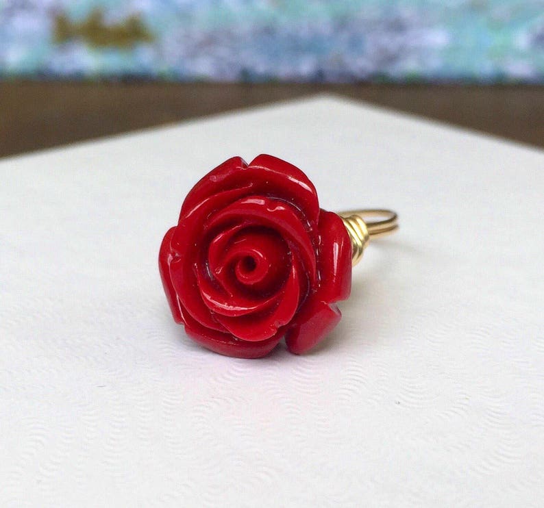 NEW STYLE Red Rose Ring Red Flower Ring Red Rose Flower Ring Red Flower Jewelry Beauty and the Beast Ring Belle Ring Gift image 1