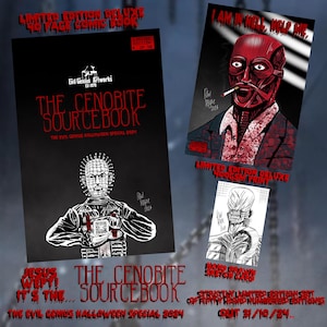 Könnte beinhalten: Ein Comic-Cover in Schwarzweiß mit dem Titel "The Cenobite Sourcebook: The Evil Genius Halloween Special 2004". Das Cover zeigt eine Schwarzweißillustration eines Charakters mit einer Hakennase und einer großen Anzahl von Stiften im Kopf. Der Text "Jesus wept! It's the..." befindet sich oben auf dem Cover.