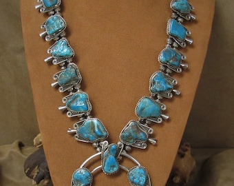 Beautiful Sterling Silver and Turquoise Southwest Squash Blossom Necklace