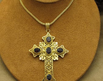 Gold-Plated Sterling Silver Filigree Cross With Garnets Pendant Necklace