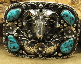 Navajo Sterling Silver and Turquoise Ram Head Buckle by Fred James