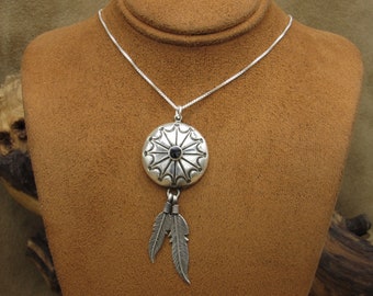 Vintage Sterling Silver Southwestern Concho Pendant With Silver Feathers And Jet