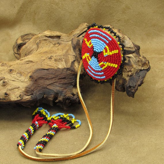 Large Beaded Shield and Leather String Fringe Cer… - image 2