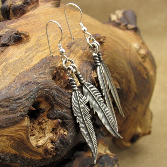 Sterling Silver Two Feathers Dangle Wire Earrings - image 3