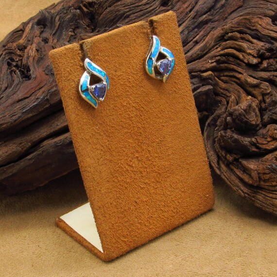 Sterling Lab created Opal and Iolite Stud Earrings - image 2