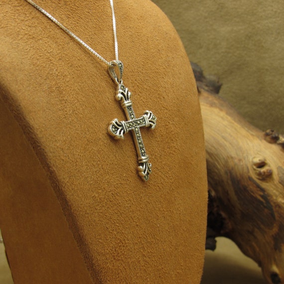 Sterling Silver and Marcasite Cross Necklace - image 3